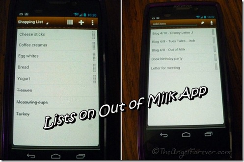 Lists on Out of Milk App