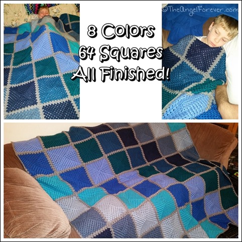 Completed Hues of Blue Granny Square Blanket